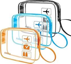 ANRUI 3 Stück TSA-zugelassen Durchsichtige Reise-Kulturtasche, Kulturbeutel Transparent Handgepäck zum Transport von Flüssigkeiten, Kosmetiktasche Toilettentasche für Damen Herren, Schwarz/Blau/Orange von ANRUI