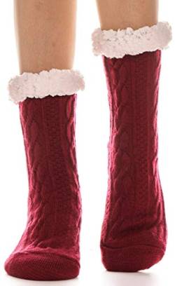 ANTSANG Damen Kuschelsocken Stoppersocken Warme Rutschsichere Hüttensocken Dicke Hausschuhe Socken Flauschig Geschenk Winter Weihnachtssocken (Rot) von ANTSANG