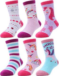 ANTSANG Kinder Mädchen Jungen Socken Warme Wollsocken Wandersocken Dicke Wolle Thermosocken Geschenke Kindersocken 6 Paar(Einhorn,1-3 Jahre) von ANTSANG