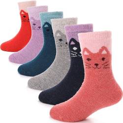 ANTSANG Kinder Mädchen Jungen Socken Warme Wollsocken Wandersocken Dicke Wolle Thermosocken Geschenke Kindersocken 6 Paar(Katzen,1-3 Jahre) von ANTSANG