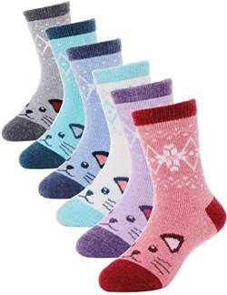 ANTSANG Kinder Mädchen Jungen Socken Warme Wollsocken Wandersocken Dicke Wolle Thermosocken Geschenke Kindersocken 6 Paar(Schneeflocke Katze,1-3 Jahre) von ANTSANG