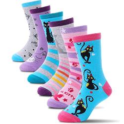 ANTSANG Kinder Socken für Mädchen Jungen Lustige Socken Baumwolle Geschenke Bunte Weich Neuheit Kindersocken 6 Paar(Katzen L.,5-8 Jahre) von ANTSANG