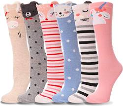 ANTSANG Mädchen Kniestrümpfe 6 Paar für Kinder Geschenke Lange Lustige Kindersocken Tier Baumwolle Socken 3-12 Jahre Weihnachtsgeschenke(Tiere lächeln,3-12 Jahre) von ANTSANG