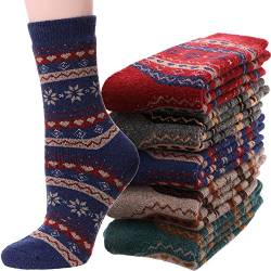 ANTSANG Merino Socken für Damen Wolle Wandersocken Warme Wollsocken Dicke Atmungsaktiv Thermosocken Damen Geschenke Wintersocken 5 Paar(Schneeflocke) von ANTSANG