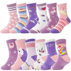 ANTSANG Stoppersocken Kinder Baby Mädchen Socken Anti Rutsch / Rutschfeste Geschenk Socken Baumwolle Antirutschsocken für Kinder Mädchen Kleinkind 12 Paare(Lila Einhorn,3-5 Jahre) von ANTSANG