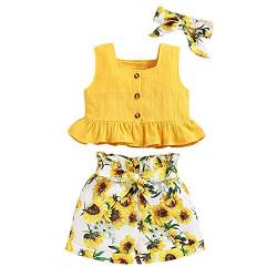 ANUFER 3 Stück Mädchen Kinder Kleidungsset Hell Gelb Sonnenblume Baby Outfits Westentops + Shorts Hosen + Stirnband SN601C002 12-18 Monate von ANUFER