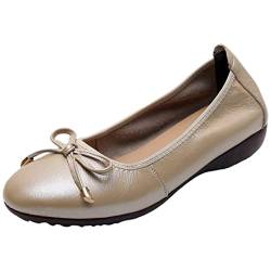 ANUFER Damen Echtleder Kleiner Keilabsatz Ballerinas Schön Schleife Sanft Schlüpfen Pumps Dolly-Schuhe Aprikose SN070519 EU37.5 von ANUFER