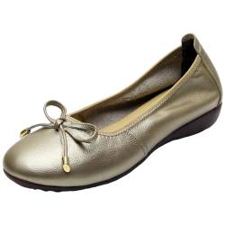 ANUFER Damen Echtleder Kleiner Keilabsatz Ballerinas Schön Schleife Sanft Schlüpfen Pumps Dolly-Schuhe Bronze SN070519 EU38 von ANUFER