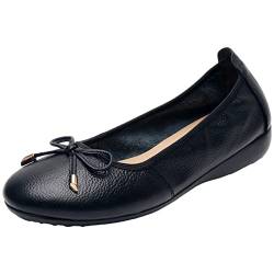 ANUFER Damen Echtleder Kleiner Keilabsatz Ballerinas Schön Schleife Sanft Schlüpfen Pumps Dolly-Schuhe Schwarz SN070519 EU37.5 von ANUFER