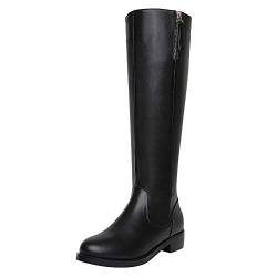 ANUFER Damen Elegant Mikrofaser Leder Kniehoch Stiefel Blockabsatz Seitlicher Reißverschluss Schwarz Reitstiefel SN020740 EU37 von ANUFER