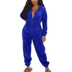 ANUFER Damen Flauschige Overalls Warme Kapuze Reißverschluss Einteiler in Voller Länge Winter-Loungewear SN07975 Blau S von ANUFER