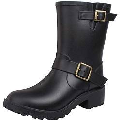 ANUFER Damen Gummistiefel Klobige Ferse Einstellbar Schnalle Schlüpfen Mitte der Wade Regenstiefel Schwarz 38.5 EU von ANUFER