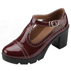 ANUFER Damen Mittlerer Blockabsatz T-Riemen Brogues Pumps Mary Janes Uniform Büro Abendschuhe Burgund SN020216 EU35 von ANUFER