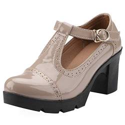 ANUFER Damen Mittlerer Blockabsatz T-Riemen Brogues Pumps Mary Janes Uniform Büro Abendschuhe Nackt SN020216 EU35 von ANUFER