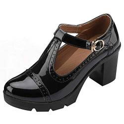 ANUFER Damen Mittlerer Blockabsatz T-Riemen Brogues Pumps Mary Janes Uniform Büro Abendschuhe Schwarz SN020216 EU40 von ANUFER