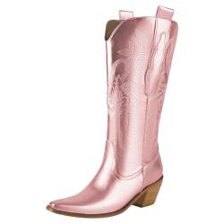 ANUFER Damen Stilvoll Gestickt Mittlere Wade Cowboystiefel Spitze Zehenpartie Blockabsatz Western Cowgirl Stiefeletten SN079130 Rosa EU38.5 von ANUFER