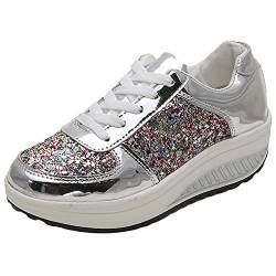 ANUFER Damen Super Leicht Plattform Turnschuhe Schnüren Keil Sportschuhe Silber SN070680 EU38 von ANUFER