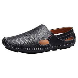 ANUFER Herren Atmungsaktiv Echtes Leder Ausgehöhlt Sommer Flache Slipper Schlüpfen Mokassins Fahrende Schuhe Schwarz SN010611 EU41.5 von ANUFER