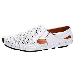 ANUFER Herren Atmungsaktiv Echtes Leder Ausgehöhlt Sommer Flache Slipper Schlüpfen Mokassins Fahrende Schuhe Weiß SN010611 EU41.5 von ANUFER