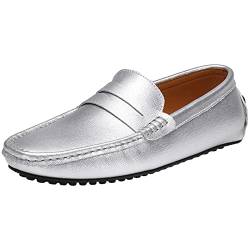 ANUFER Herren Klassisch Pennyloafer Flach Schlüpfen Sanft Spaltleder Mokassins Fahrschuhe Silber SN070440 EU44 von ANUFER