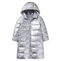 ANUFER Kinder Mädchen Jungen Wasserdicht Kapuze Daunenjacke Winter Thermisch Knielang Glänzend Daunenmantel SN0707187D Silber 150cm von ANUFER