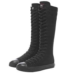 ANUFER Mädchen Damen Knie Hoch Leinwandstiefel Schnüren Reißverschluss Eben Sportschuhe Schwarz F888 EU38 von ANUFER