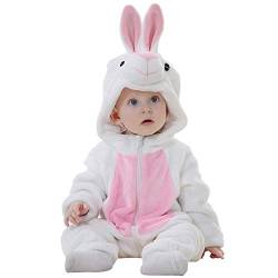 ANUFER Unisex Baby Mit Kapuze Strampler Flanell Niedlich Tier Overall Pyjama 0-36 Monate Weißer Hase SN07652 0-6 Monate von ANUFER