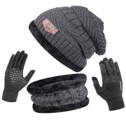 ANVEY Mütze Schal Set Damen mit Handschuhen mit Dicke Thermo Fleecefutter, 3 in 1 Schal Wintermütze Handschuhe Set Winter Beanie Mütze Schal Unisex Grau von ANVEY