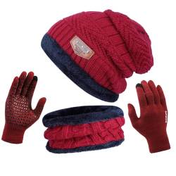 ANVEY Mütze Schal Set Damen mit Handschuhen mit Dicke Thermo Fleecefutter, 3 in 1 Schal Wintermütze Handschuhe Set Winter Beanie Mütze Schal Unisex Rotwein von ANVEY