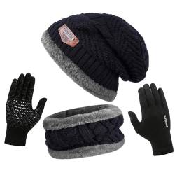 ANVEY Mütze Schal Set Herren mit Handschuhen mit Dicke Thermo Fleecefutter, 3 in 1 Schal Wintermütze Handschuhe Set Winter Beanie Mütze Schal Unisex Schwarz von ANVEY