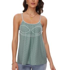 ANYFITTING Damen Eyelet Tank Tops mit Integriertem BH Ärmellose Spaghetti Strap Tops Damen Unterhemd BH Hemd mit U-Ausschnitt Loose Sommer Shirts Top Grüner XL von ANYFITTING