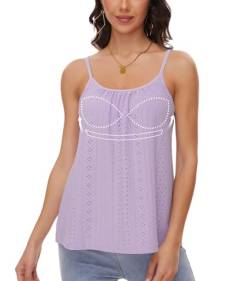 ANYFITTING Damen Eyelet Tank Tops mit Integriertem BH Ärmellose Spaghetti Strap Tops Damen Unterhemd BH Hemd mit U-Ausschnitt Loose Sommer Shirts Top Violett S von ANYFITTING