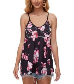 ANYFITTING Damen Sommer Casual Tank Top mit Integriertem BH V-Ausschnitt Oberteil Spaghettiträger Top Sexy Cami Top BH Hemdchen Locker Basic Schwarz mit Blumen L von ANYFITTING