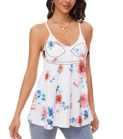 ANYFITTING Damen Sommer Casual Tank Top mit Integriertem BH V-Ausschnitt Oberteil Spaghettiträger Top Sexy Cami Top BH Hemdchen Locker Basic Weiß mit Blumen 2XL von ANYFITTING