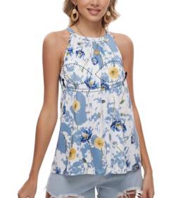 ANYFITTING Damen Tank Top mit Integriertem BH Ärmellose Neckholder Tops Damen Unterhemd BH Hemd Loose Tops BH Top Damen mit Cups Blau mit Blumen XL von ANYFITTING