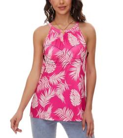 ANYFITTING Damen Tank Top mit Integriertem BH Ärmellose Neckholder Tops Damen Unterhemd BH Hemd Loose Tops BH Top Damen mit Cups Pink mit Blätter L von ANYFITTING