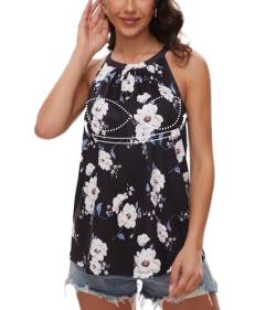 ANYFITTING Damen Tank Top mit Integriertem BH Ärmellose Neckholder Tops Damen Unterhemd BH Hemd Loose Tops BH Top Damen mit Cups Schwarz mit Blumen L von ANYFITTING