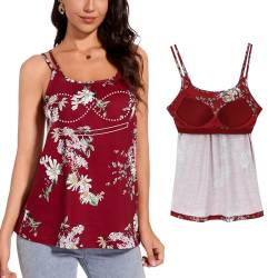 ANYFITTING Tanktop mit Integriertem BH Sommer Spaghetti Oberteile Ärmellose Tank Tops U-Ausschnitt Sexy Loose BH Hemden für Damen Workout Schlafen Reisen Burgunderrot mit Blumen S von ANYFITTING