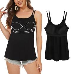 ANYFITTING Tanktop mit Integriertem BH Sommer Spaghetti Oberteile Ärmellose Tank Tops U-Ausschnitt Sexy Loose BH Hemden für Damen Workout Schlafen Reisen Schwarz S von ANYFITTING