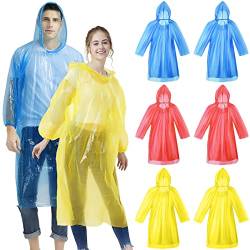 Regenponcho Einweg Erwachsene Wasserdicht, AOBETAK 6 Stück Notfall Klar Regencape Regenmantel Ponchos Mit Kapuze Für Damen Herren Teens Reise Festival Freizeitparks, Rot Blau Gelb von AOBETAK