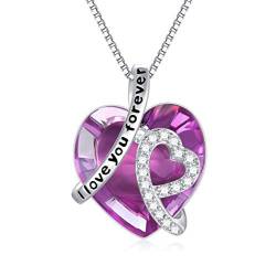 AOBOCO Kette Herz Damen Sterling Silber Ich Liebe Dich für immer Halskette, Hochzeitstag Geburtstagsgeschenk für Frauen Mama Freundin Sie (Simulierter Amethyst-I Love you forever) von AOBOCO