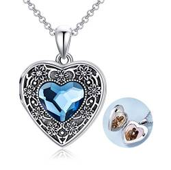 AOBOCO Medaillon Kette Sterling Silber 925 Damen Liebesherz Blume Halskette, Amulett Medaillon zum öffnen für Bilder Foto, Geschenke für Freundin Frau Mutter von AOBOCO