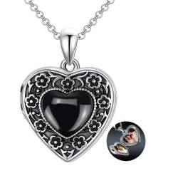 AOBOCO Medaillon Kette Sterling Silber 925 Damen Liebesherz Blume Halskette, Amulett Medaillon zum öffnen für Bilder Foto mit Kristallen, Geschenke für Freundin Frau Mutter (Obsidian) von AOBOCO