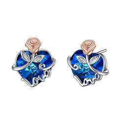 AOBOCO Rose Ohrstecker für Frauen Sterling Silber Liebe Schmuck Geschenk mit blauem Herz Kristall von AOBOCO