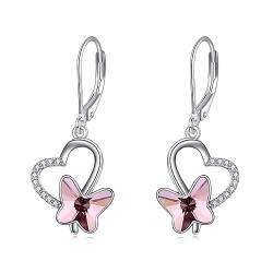 AOBOCO Schmetterling Ohrringe Damen 925 Sterling Silber Leverback Herz Ohrringe Baumeln Tropfen mit Rosa Kristall aus Österreich Geburtstags Geschenke für Frauen Mädchen Frau Tochter Freundin von AOBOCO