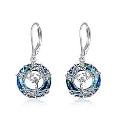Baum des Lebens Ohrringe Sterling Silber mit Kristallen, Geburtstagsschmuck Geschenke für Frauen Damen (Blau) von AOBOCO