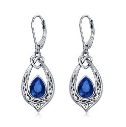 Saphir Blau Keltischer Knoten Ohrringe 925 Sterling Silber Irischen Leverback Ohrhänger mit September Geburtsstein Kristall von AOBOCO