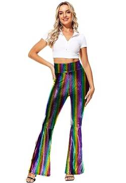 AOBUTE Frauen Hohe Taille Glocke Bottom Glänzende Flare Hosen Glitter 70er Jahre Hippie Kostüm, Bunte Streifen, X-Klein von AOBUTE