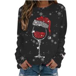 AOCRD Damen Sweatshirt, Rotweinglas, Weihnachten, lustiger Weihnachtspullover, Weihnachtsmannmütze, Grafik T Shirt, Bluse, Langarm T Shirt, Tops, Damen und Junge Mädchen von AOCRD