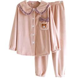 AOCRD Süßes Pyjama-Set für Damen, neues Pyjama-Set mit Babypuppenkragen für Damen, klassischer Warmer Nachtwäsche-Anzug aus Korallenfleece, Zweiteilige Langarm-Nachtwäsche von AOCRD